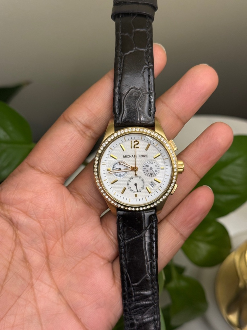 Michael Kors women’s Gold Crystal-Trim Chronograph leather strap Watch